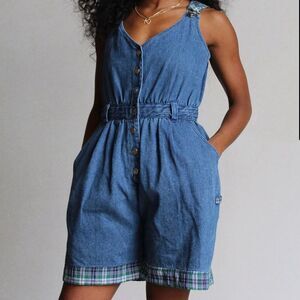 Lauren Brooke Vintage 1980's Denim & Plaid Overalls Romper Women's Size MED